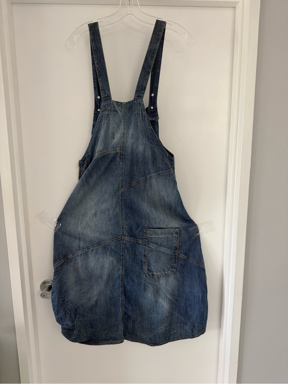 Denim Midi Pinafore Dress in Faded Blue